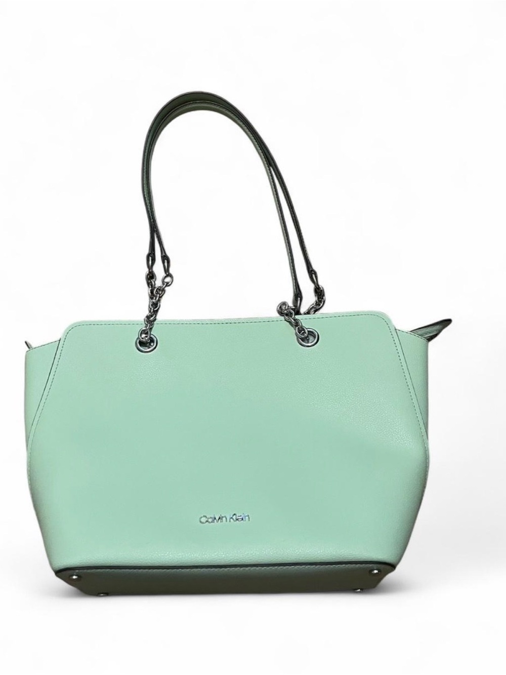 Calvin Klein Mint Green Leather Tote with Chain-Strap Handles